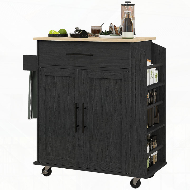 Rolling Kitchen Island with Storage Cart AC Outlets USB Ports Microwave Stand Towel and Spice Rack, Black