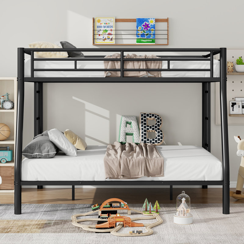 Full XL Over Queen Metal Bunk Bed With Ladder And Guardrails, White, Noir, Lit superposé double sur grand