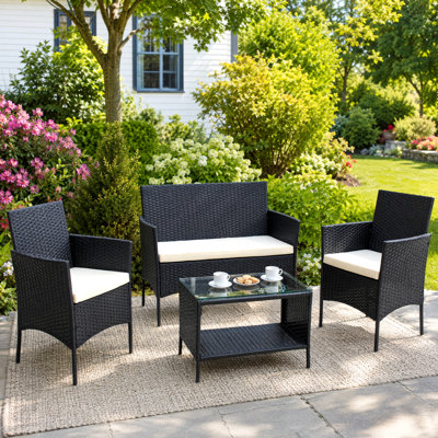 Ensemble de mobilier d'extérieur en rotin 4 pièces, canapé modulaire en osier avec causeuse, fauteuils et table basse avec plateau en verre, ensemble de conversation pour patio avec coussins toutes saisons pour la cour, le jardin et le porche