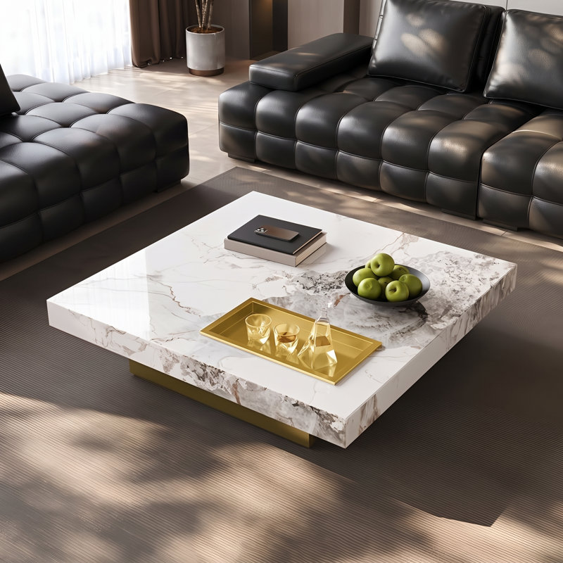 Table basse carrée surdimensionnée de 120 cm (47,24 po) pour salon, table basse moderne effet marbre avec piètement en acier inoxydable doré