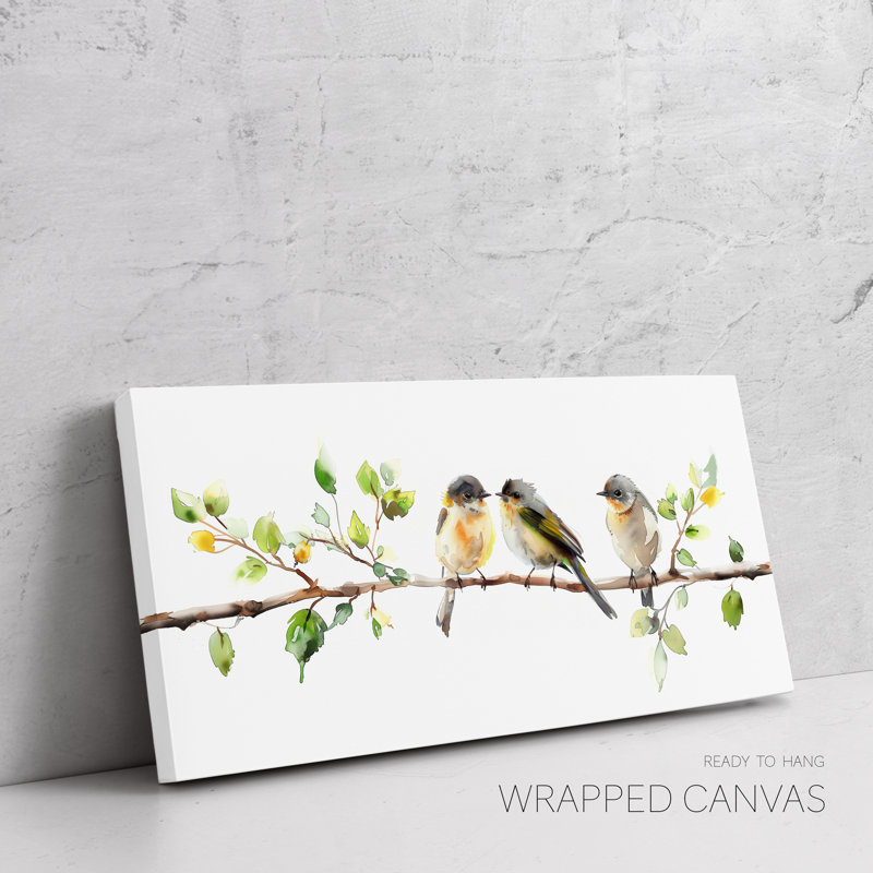 Aquarelle d'oiseaux assis sur une branche, très grande décoration murale, impression panoramique, H 36 po x l 72 po