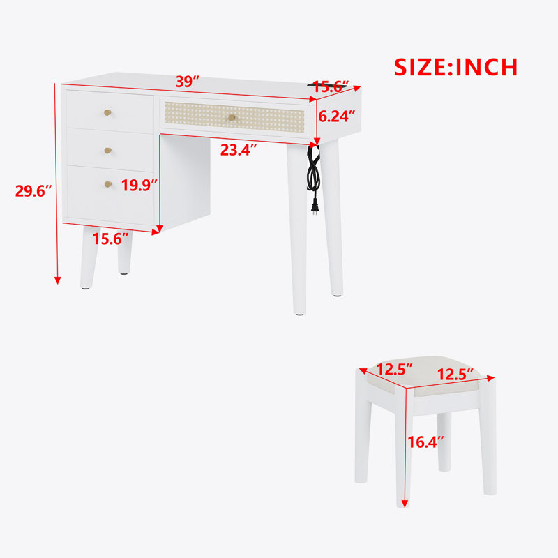 Makeup Vanity Set with Charging Plug and USB Port, White