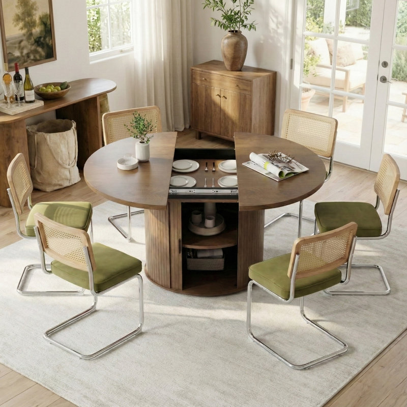 Ensemble de table de salle à manger extensible ronde avec 6 chaises en porte-à-faux, Vert