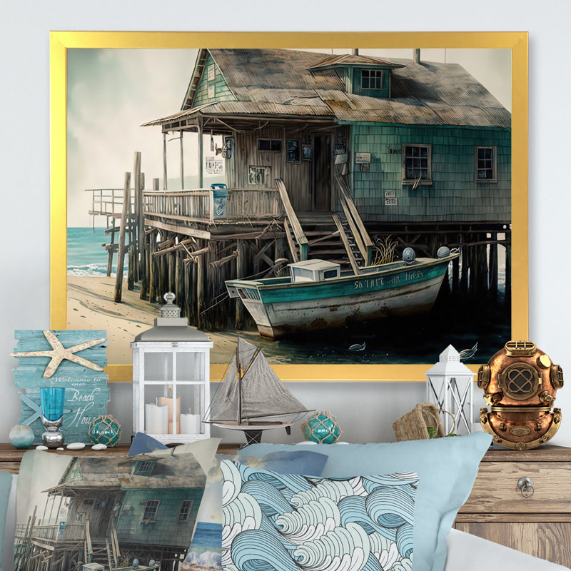 Port rustique avec un bateau de pêche I - art mural côtier, H 16 po x l 32 po x P 1 po, Cadre doré simple