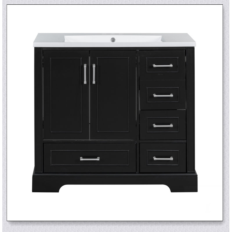 Ensemble de meuble-lavabo traditionnel 36 po avec lavabo en résine, armoire de salle de bain noire avec deux portes et quatre tiroirs