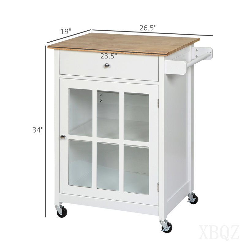 Chariot pour îlot de cuisine 27 "avec tiroir et porte vitrée, chariot de cuisine avec tablette réglable et porte-serviettes, blanc