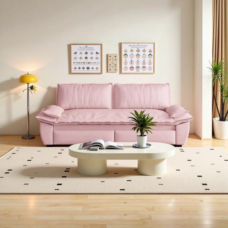 3-in-1 Convertible Sleeper Sofa Bed with Corduroy Upholstery​ 73.2" Queen Pull Out Sofa Bed Loveseat, Pink