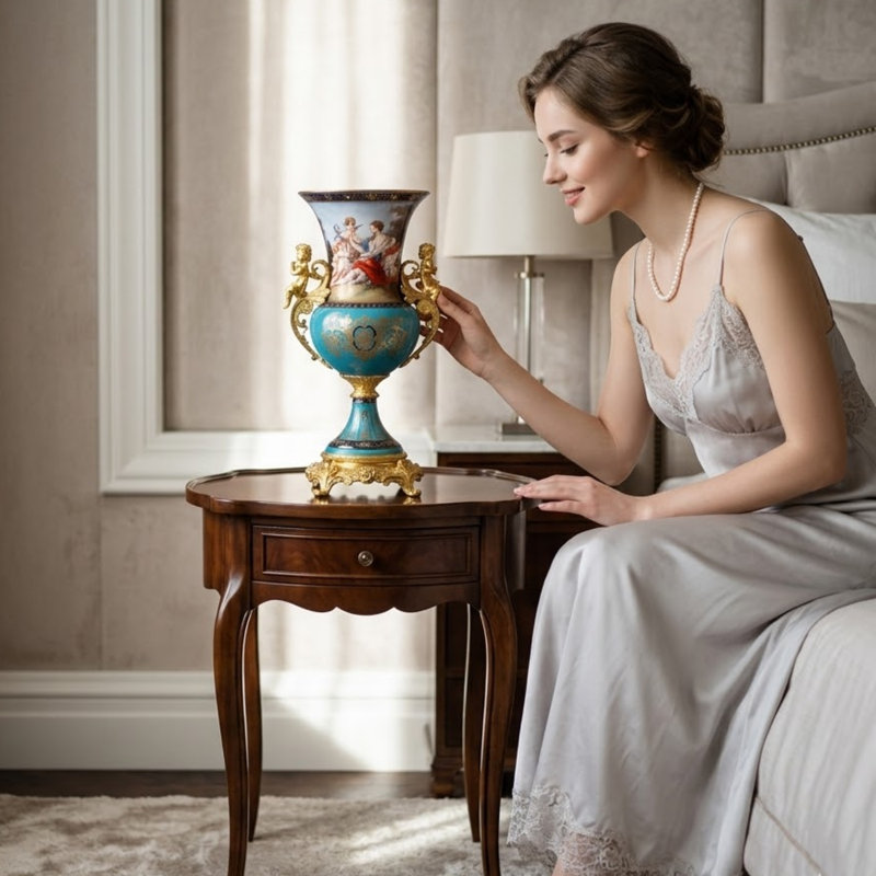 Vase élégant en porcelaine et bronze de style rococo classique avec poignées ornées pour les espaces de vie