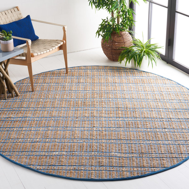 Oullins Natural Fiber Flat Weave Jute/Cotton Striped Rug in Blue/Natural, Round 7'