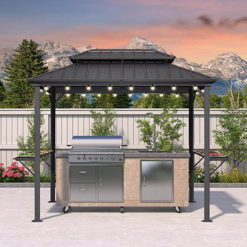 Pavillon de jardin mauve à toit rigide mauve pour terrasse avec 24 ampoules transparentes et tablettes, 6 pi x 8 pi