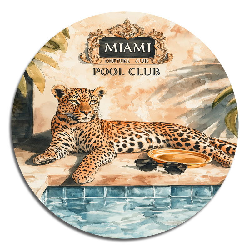 Club Léopard au bord de la piscine - Décoration murale ronde en métal tropical, H 23 po x l 23 po