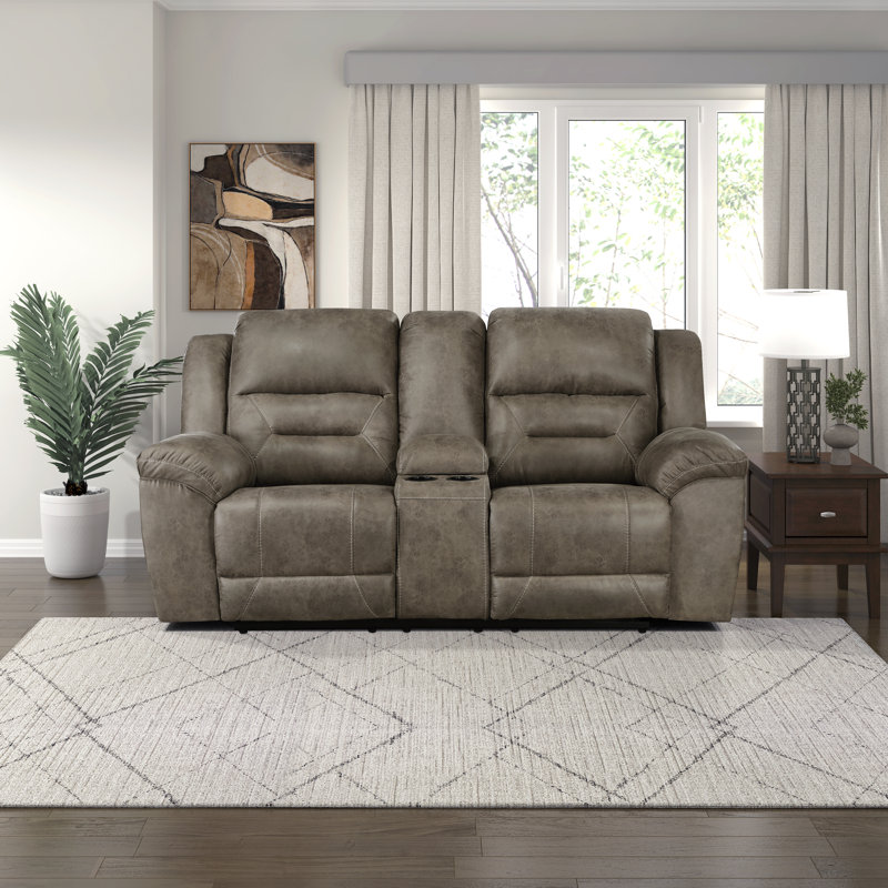 Hamisi 81" Transitional Polished Microfiber Manual Double Reclining Loveseat with Center Storage Console & Integrated Cup Holders