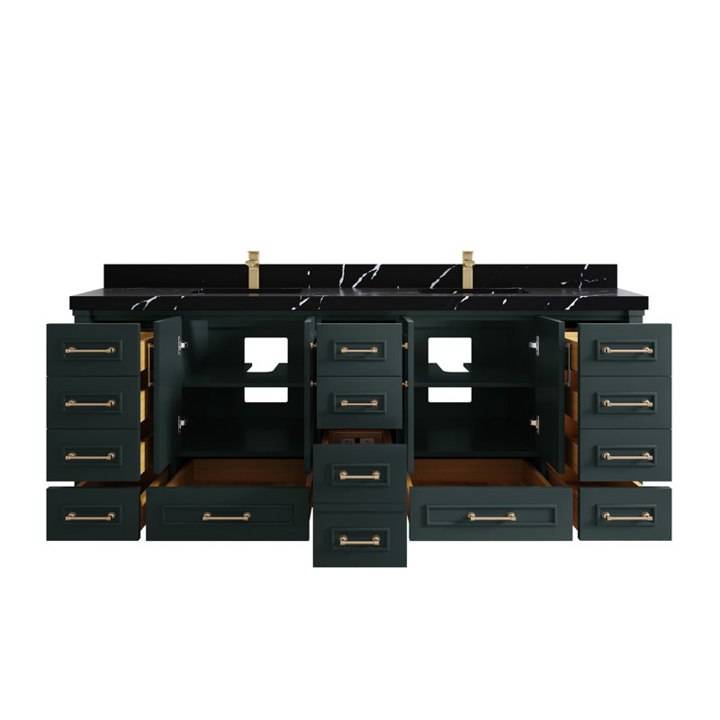 Meuble-lavabo Aberdeen, Quartz noir Calacatta, Vert forêt foncé