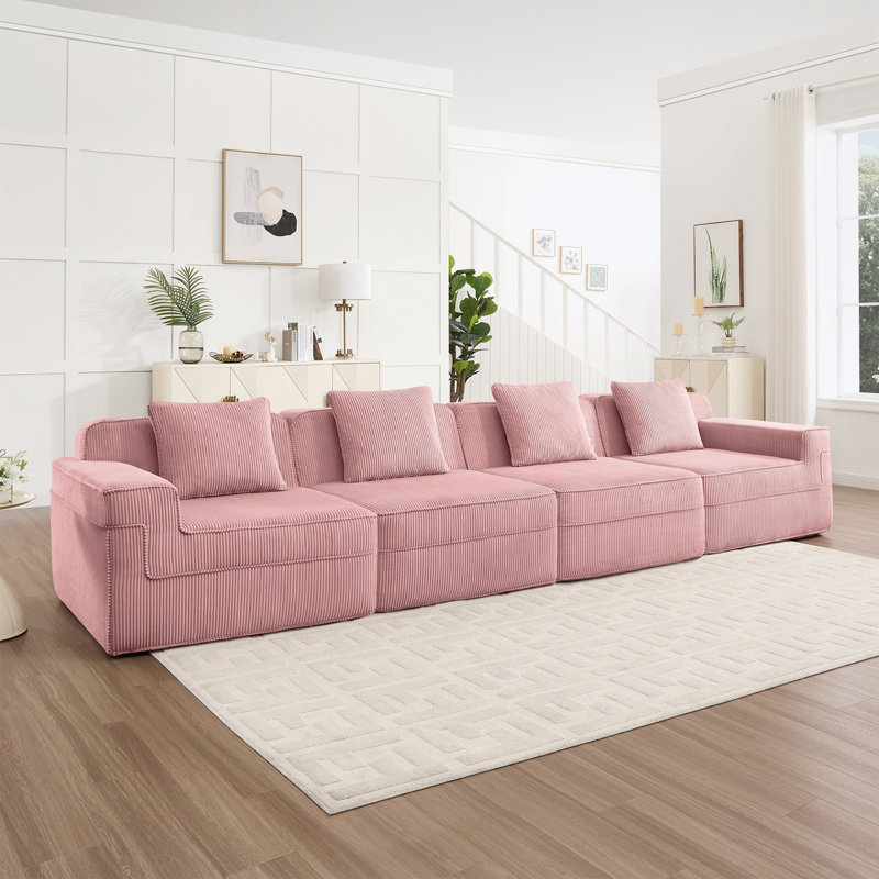 Canapé 4 places sans siège avec assise profonde et coussins décoratifs, Velours côtelé rose