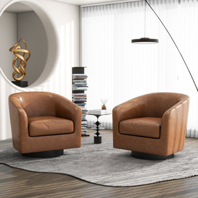 Applewold Upholstered Brown Faux Leather Swivel Barrel Chair with Solid Wood Base