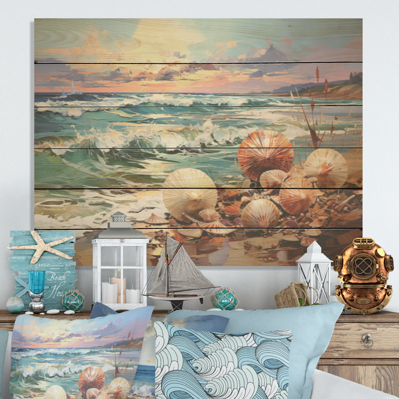 Coastal Clams Fusion On The Beach - Coastal Beach Wood Wall Art On Natural Pine Wood, 24" H x 32" W