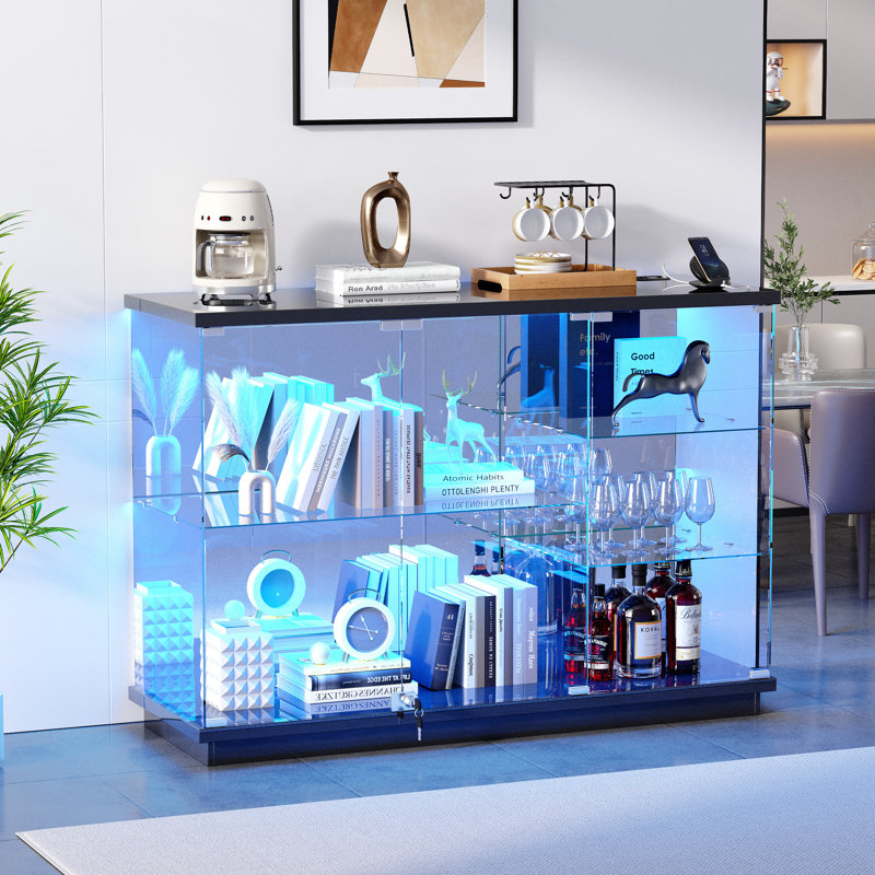 47.24'' Sideboard, Modern Clear Tempered Glass Buffet, Display Case With Rgb Led Lights, Usb Port, Type-C Port And Motion Sensor