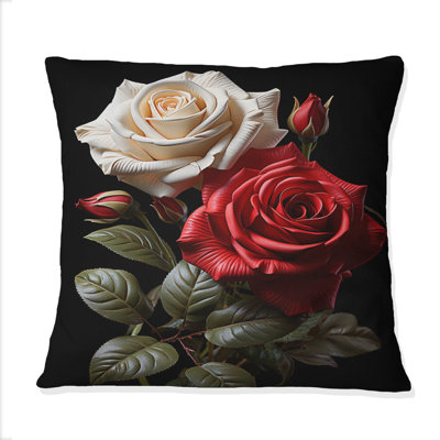 Coussin décoratif imprimé de fleurs blanches et roses rouges