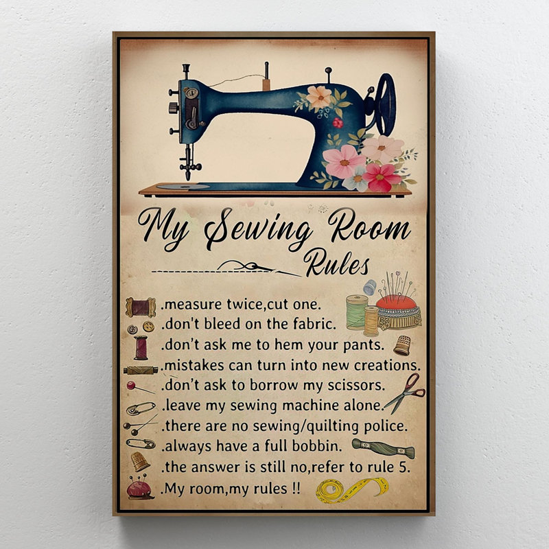 «My Sewing Room Rules», reproduction d'art graphique sur toile tendue 1 pièce, H 20 po x l 16 po x P 1,25 po