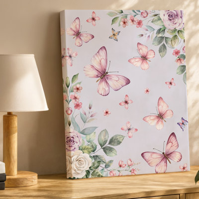 Toile, une délicate illustration à l'aquarelle mettant en vedette des papillons roses doux flottant gracieusement sur une toile pastel