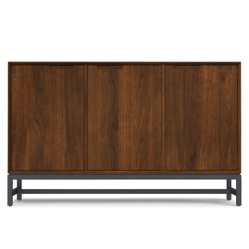 Banting 58"W Solid Wood Mid-Century Modern 3-Door Sideboard Buffet with Adjustable Shelves and Metal Base, Natural Walnut