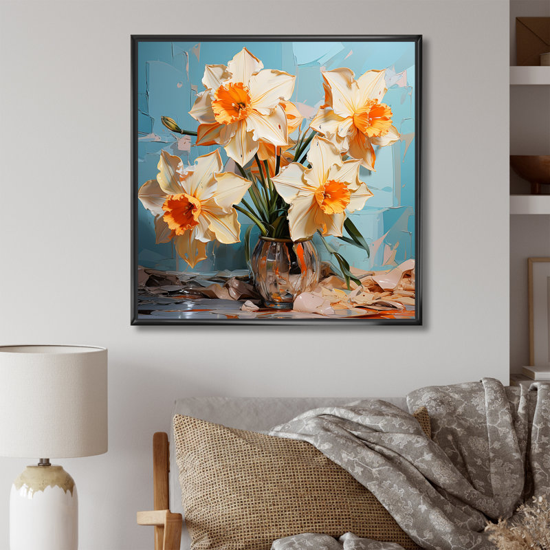 Jonquilles fleuries avec un pinceau féroce, Cadre flottant noir, H 36 po x l 36 po x P 1,5 po