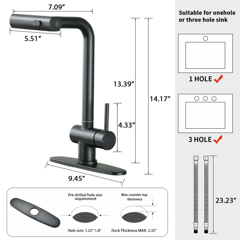 Robinet d'évier de cuisine rétractable Landolt, Noir mat