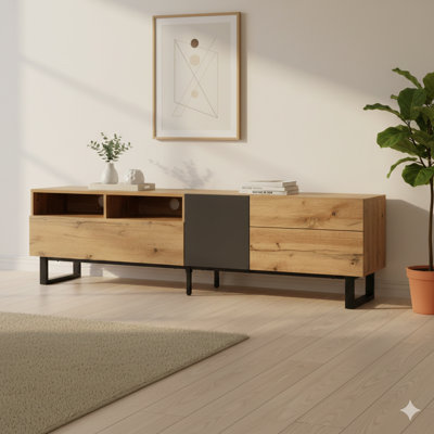 Console de télévision moderne pour téléviseurs de 80 pouces avec deux espaces de rangement, une table multimédia, une unité de divertissement comprenant une porte rabattable pour le salon, la chambre à coucher ou le cinéma maison