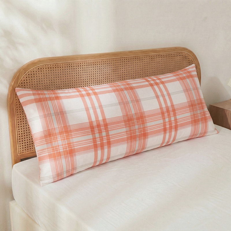 100% Cotton Body Pillow Cover, 20 x 54, Washed Cotton Coral Plaid Pillowcase, Soft Breathable Pillow Cover for Bed