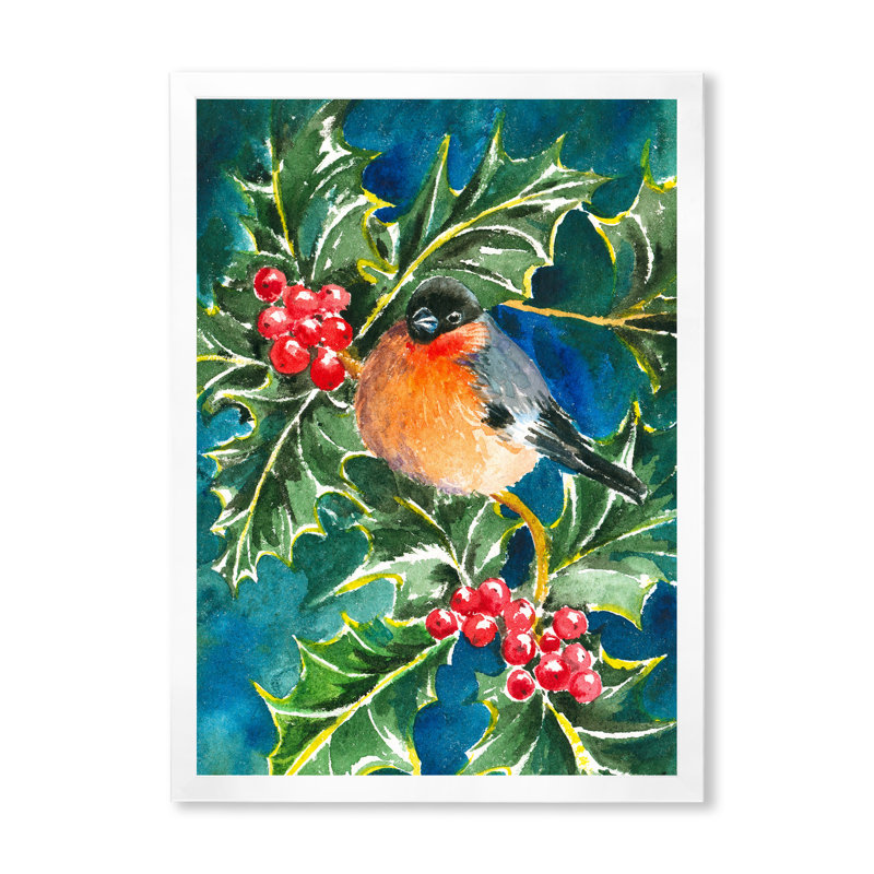 Bouvreuil avec oiseaux sur un arbre de Noël - art mural traditionnel sur toile, H 32 po x l 16 po x P 1 po