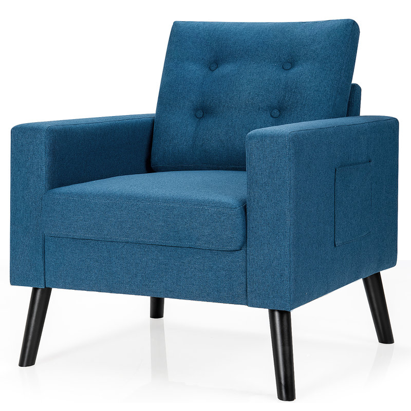 Fauteuil moderne avec accoudoirs rembourrés simples et 2 poches latérales beige, Bleu marine 100% lin