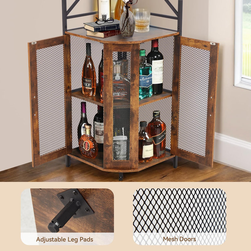 Industrial Corner Bar Cabinet with Power Outlet & LED Lights - 5-Tier Modern Black Wine Rack,  for Dining Room, Living Room, Kitchen, Brown
