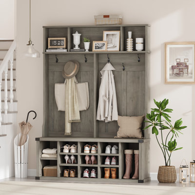 Extra Large Hall Tree with Shoe Storage Bench, Adjustable Cubbies, Coat Hooks, Entryway Mudroom Organizer with Top Display Shelves, Rustic Gray