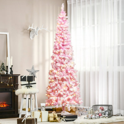 Arbre de Noël artificiel enneigé 7,5 pi avec forme de crayon, branches de pin réalistes, lumières DEL blanc chaud, ouverture automatique, rose et blanc