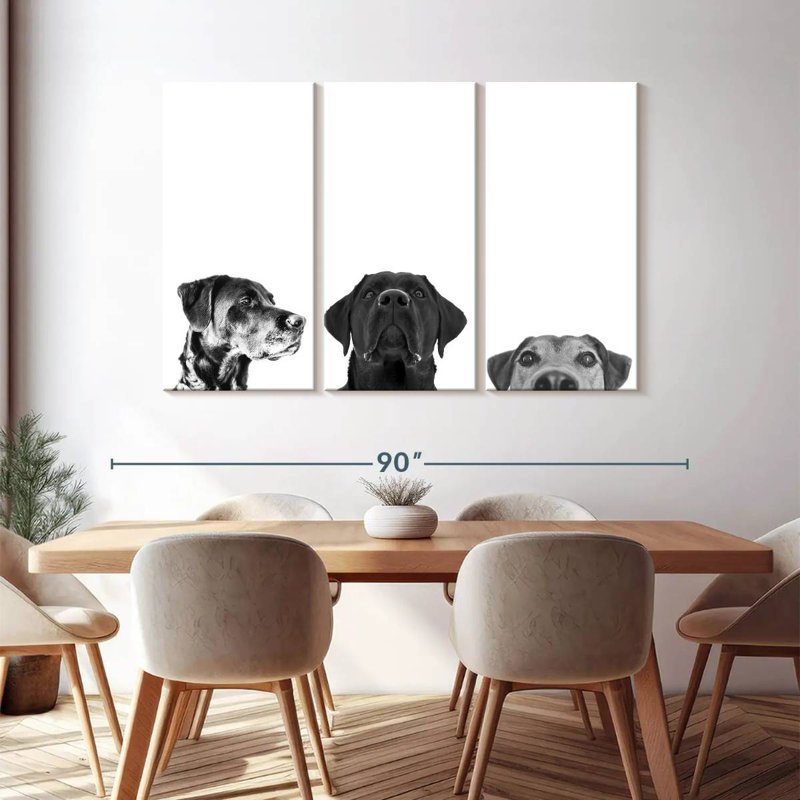 Adorable chiots sur toile, ensemble de 3 pièces, H 48 po x l 74 po x P 1,25 po