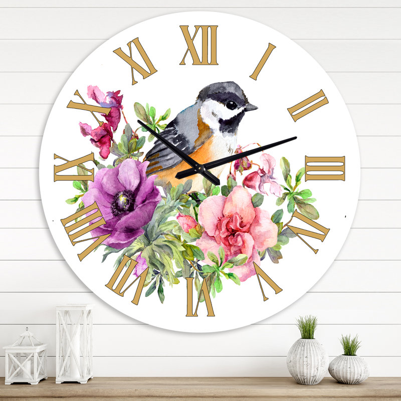 Mignon oiseau en fleurs roses et mauves - Horloge murale traditionnelle, Grand