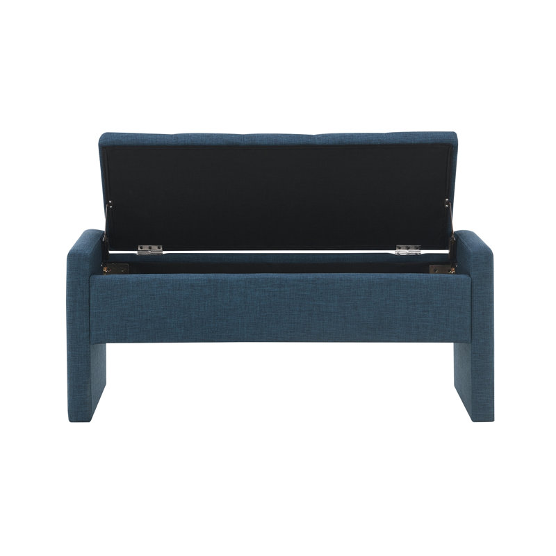 Banc de rangement moderne capitonné en lin bleu marine pour salon, chambre ou dortoir