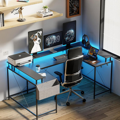 U Shaped Desk with Power Outlets & LED Lights, 79" Extra Large Reversible Corner Office Desk, Monitor Stand & Storage Shelves, Corner Computer Table O
