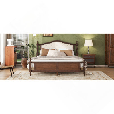 Queen Bed With Upholstered Headboard And Panel Footboard, With Two Bed Rail Support Feet And Central Platform Support Feet ,Classic Cherry