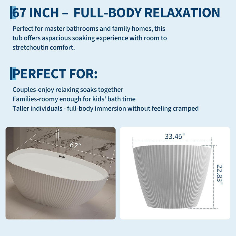 59”/67” Freestanding Acrylic Soaking Tub – Deep Soak Design, Eggshell Vertical Ribbed Texture, Chrome Pop-Up Drain for Modern Bathrooms