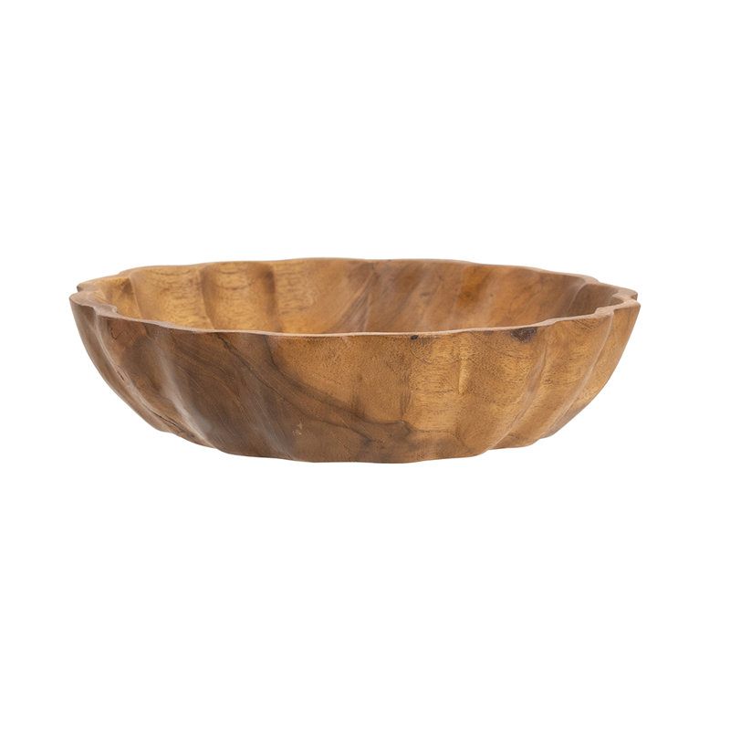 Bol en bois de teck peu profond 8 po x 8 po x 2 po avec finition brun terreux, H 2 po x l 7,9 po x P 7,9 po