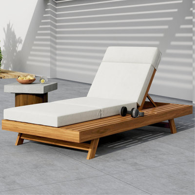 Ensemble de méridienne avec repose-tête, espace disponible sur un côté, bois d'acacia avec coussins de salon résistants à l'eau (crème et 3 plis et 4 pouces) - version gris foncé / beige assortie disponible