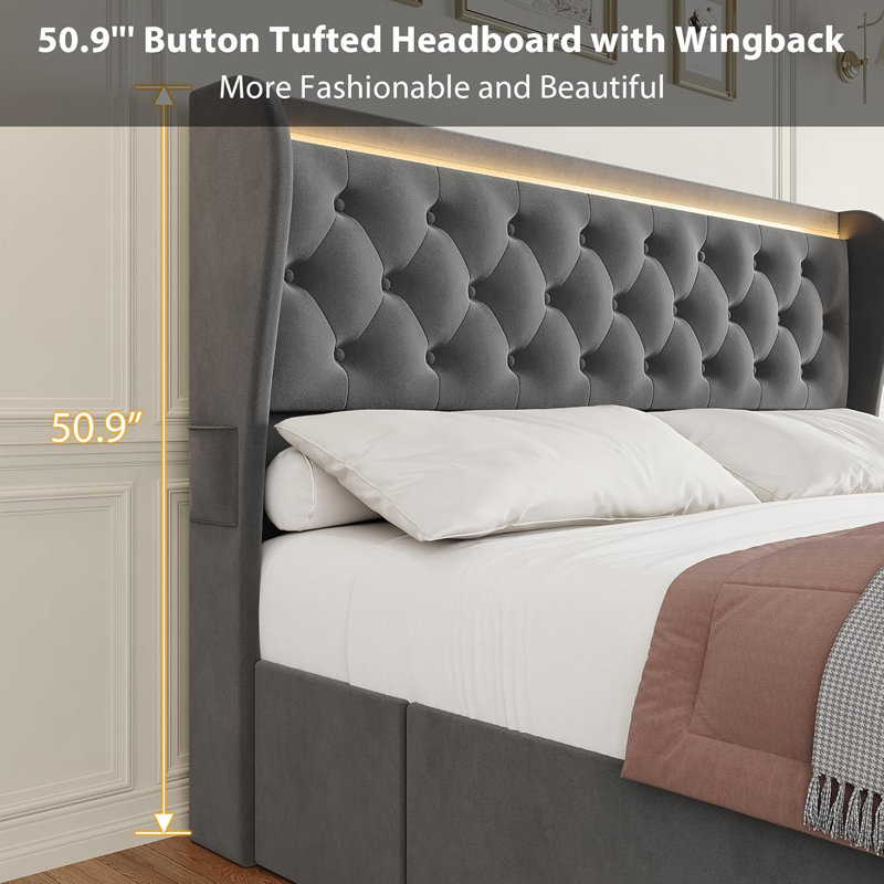 LED Bed Frame With Charging Station And 4 Storage Drawers, Velvet Upholstered Platform Bed Frame With Wingback Headboard, Button Tufted/No Box Spring Needed/Grey