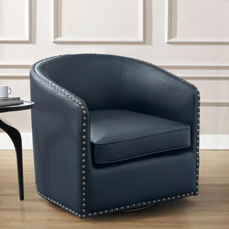 Gatwick 28.5'' W Faux Leather Swivel Barrel Chair, Midnight Blue Faux Leather