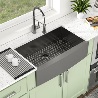 Évier de cuisine de style ferme, à tablier noir, 33 po x 21 po, calibre 16, cuve unique, en acier inoxydable T304