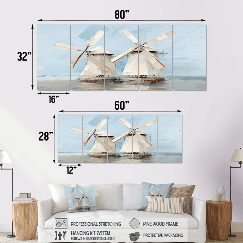«Gray Minimalist Windmills - Wind Turbines», art mural 5 pièces, H 28 po x l 60 po