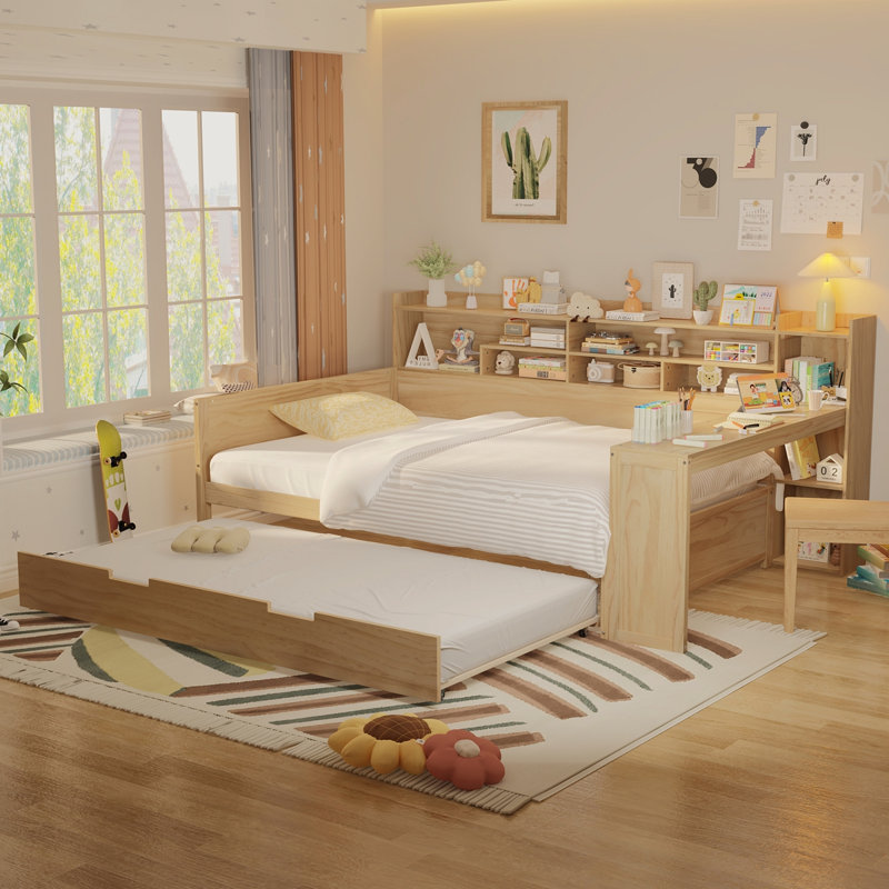 Lit de jour double en bois avec tablettes de rangement, lit multifonctionnel avec lit gigogne simple et bureau d'étude, naturel (ancien SKU: N733S242277M)