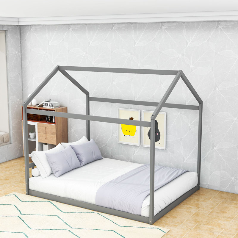 Queen Size Wooden House-Shaped Bed With Charming Headboard, Gray