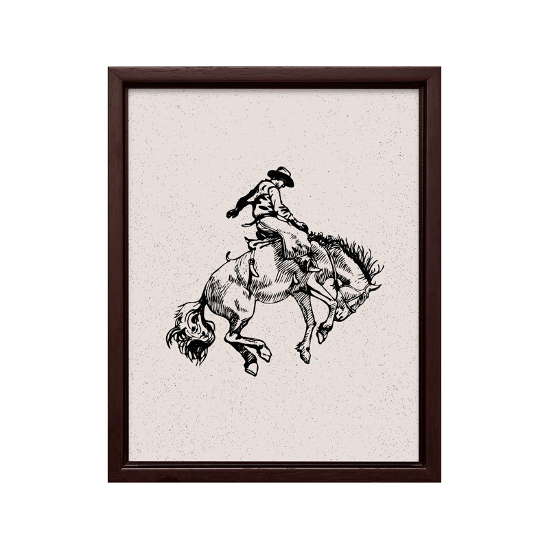 Cowboy chevauchant un cheval sauvage, Canvas, 16"H x 20"W, Brown Framed