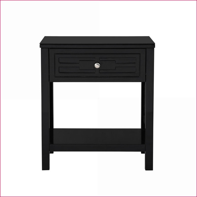Table de chevet en bois noire 23 po avec plateau en verre et tiroir Dylan, Noir